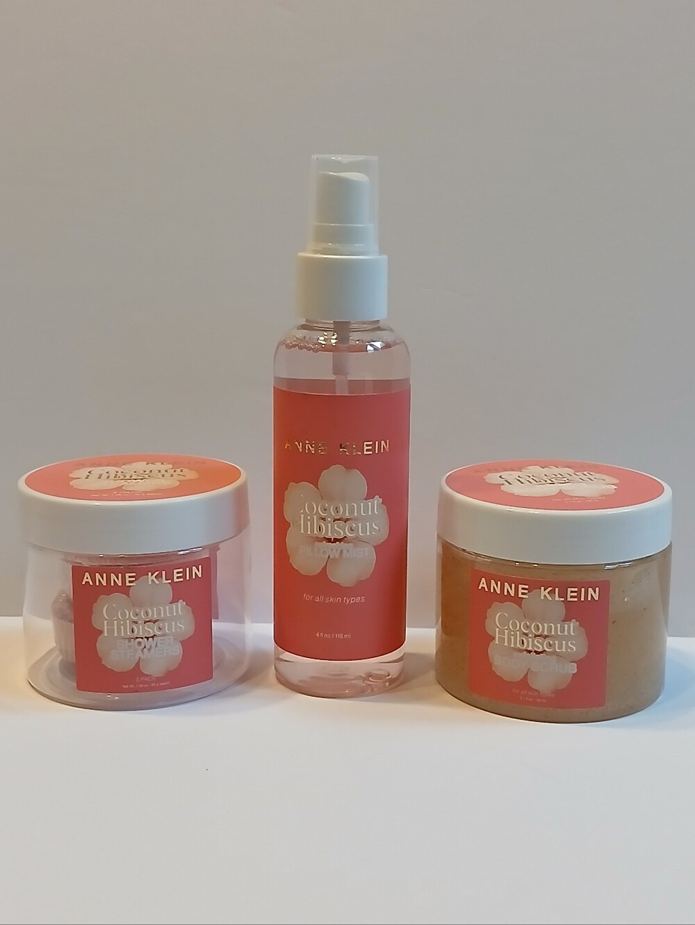 NEW Anne Klein Coconut Hibiscus Shower Steamers, Pillow Mist, Exfol Body Scrub